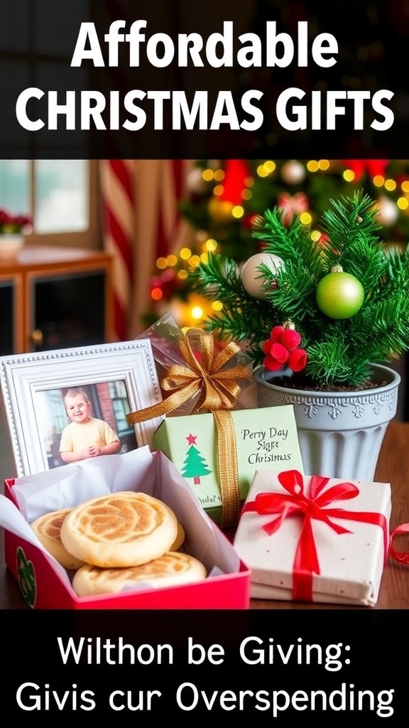 Affordable Christmas Gift Ideas A collection of budget-friendly Christmas gifts including cookies, a photo frame, and a plant, surrounded by holiday decorations.